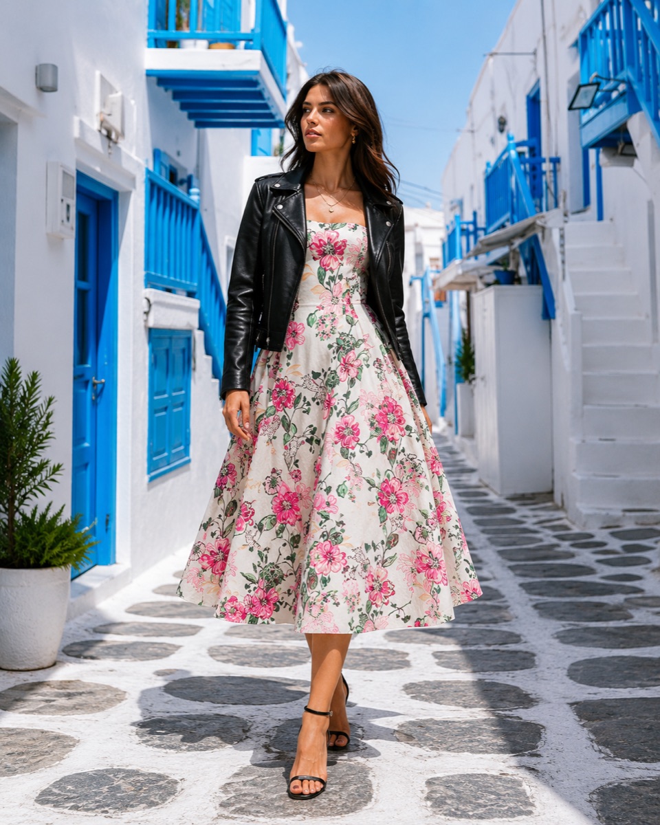 AI campaign visual: floral midi dress and black leather jacket worn on a whitewashed street in Greece
