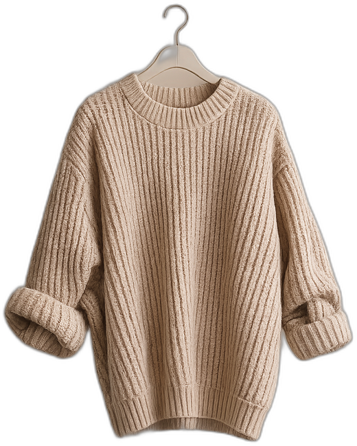Cream ribbed knit sweater on a hanger