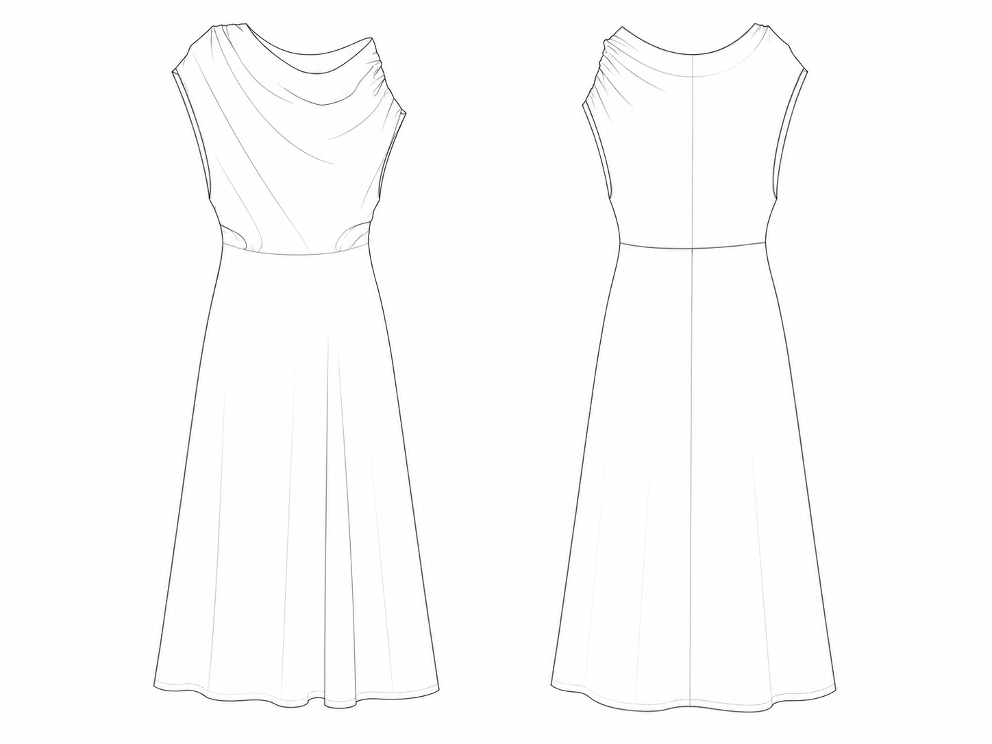 Technical flat sketch of the draped midi dress
